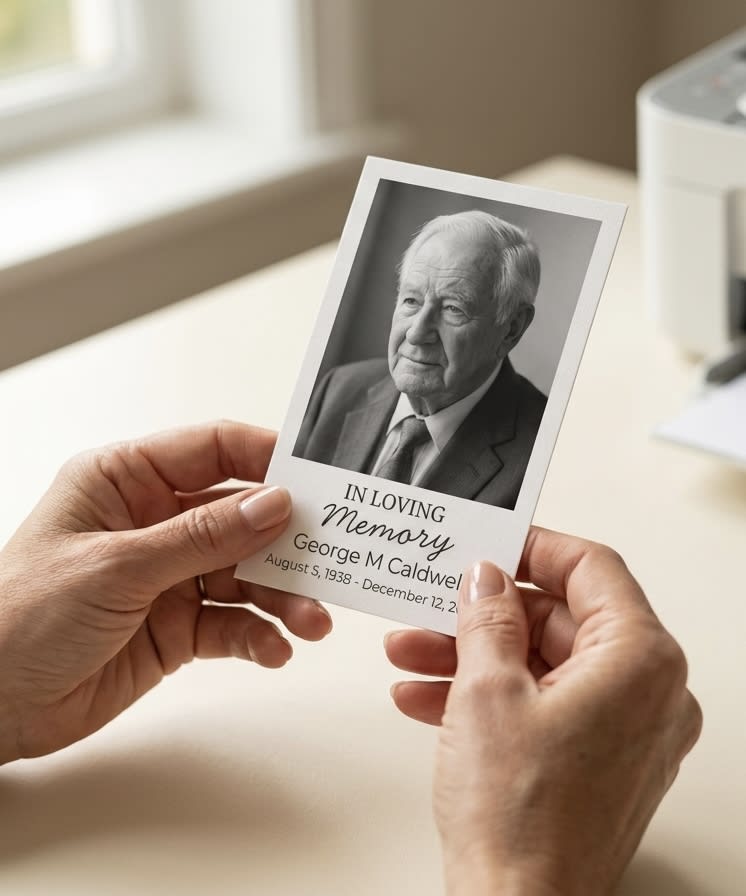 Hands holding a printed memorial prayer card at a home desk